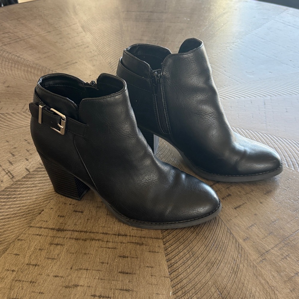 Express Black Leather Ankle Booties with Side Zipper and Buckle